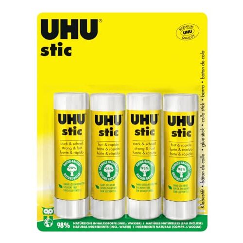 UHU stic - Pack 4 adhesivos de barra de 40 g, tapón de rosca único antisecado UHU stic - Pack 4 adhesivos de barra de 40 g, tapón de rosca único antisecado