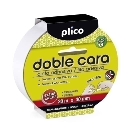 Plico - Cinta doble cara para textil, goma eva y cartón, corte fácil sin tijeras, 30 mm × 20 m Plico - Cinta doble cara para textil, goma eva y cartón, corte fácil sin tijeras, 30 mm × 20 m