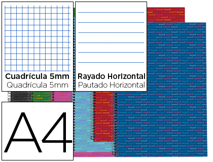 Cuaderno de 160 hojas, rayadas (128h) y cuadriculadas (32h), A4, con taladros, bandas colores