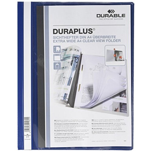 Durable Duraplus - Paquete 25 carpetas fástener A4, cubierta transparente, tapa trasera azul oscuro Durable Duraplus - Paquete 25 carpetas fástener A4, cubierta transparente, tapa trasera azul oscuro