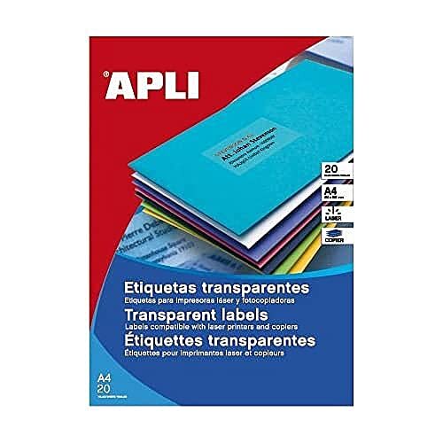 Apli 1225 - Etiquetas de poliéster transparentes, A4, impresora láser y fotocopiadora Apli 1225 - Etiquetas de poliéster transparentes, A4, impresora láser y fotocopiadora
