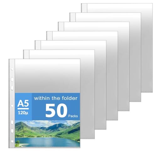 Pack 50 fundas transparentes en formato Din A5, perforación multitaladro, 120 µ Pack 50 fundas transparentes en formato Din A5, perforación multitaladro, 120 µ