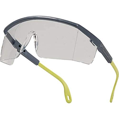 Gafas protectoras UV400, de policarbonato monobloque incoloro, patillas de color gris y amarillo Gafas protectoras UV400, de policarbonato monobloque incoloro, patillas de color gris y amarillo