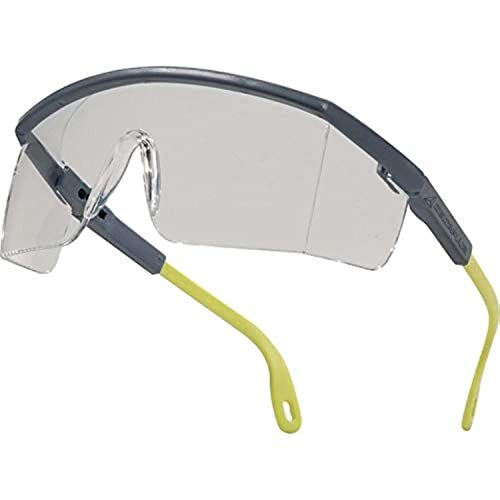 Gafas protectoras UV400, de policarbonato monobloque incoloro, patillas de color gris y amarillo