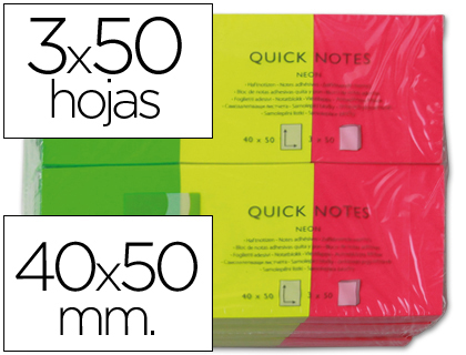 Lote 3 tacos notas adhesivas neon, 40x50 mm, 50 notas cada color