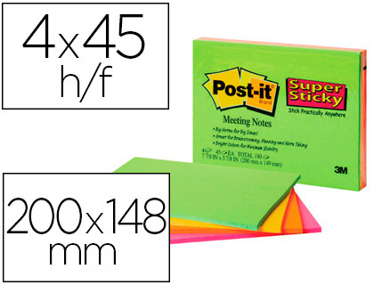 Notas Post-it super sticky de 200x149 mm, 45 hojas, pack 4 blocs
