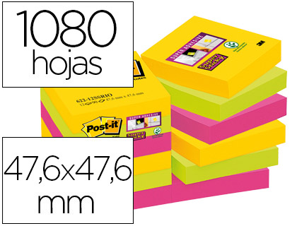 12 Tacos notas Post-It superadhesivas 47.6x47.6 mm