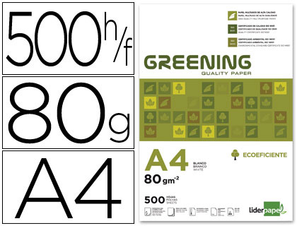 Papel blanco A4 80g Greening. Paquetes de 500 hojas