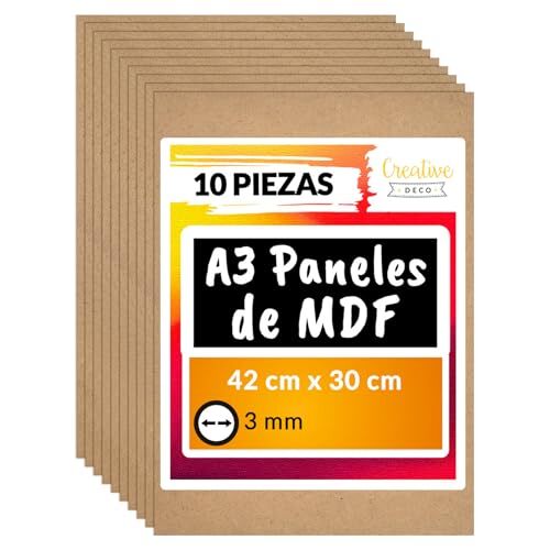 Tableros de MDF para manualidades en formato A3 (42×30 cm), 3 mm de grosor, paquete de 10 unidades Tableros de MDF para manualidades en formato A3 (42×30 cm), 3 mm de grosor, paquete de 10 unidades