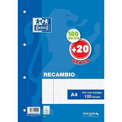 Recambio 120h A4 con cuadrícula 4 mm, margen y 4 taladros - Oxford Recambio 120h A4 con cuadrícula 4 mm, margen y 4 taladros - Oxford