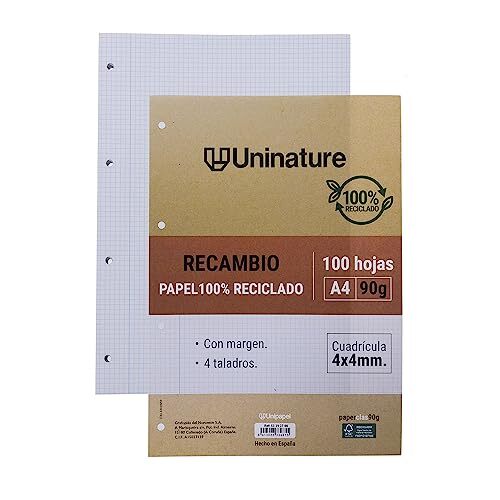 Recambio papel reciclado A4, 100h cuadriculadas 4x4, margen, 90g Recambio papel reciclado A4, 100h cuadriculadas 4x4, margen, 90g