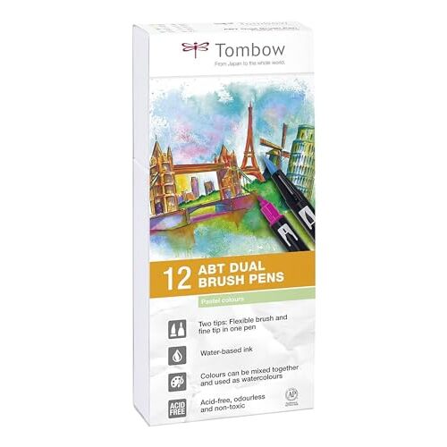 Caja 12 rotuladores Tombow pastel acuarelables doble punta con pincel Caja 12 rotuladores Tombow pastel acuarelables doble punta con pincel