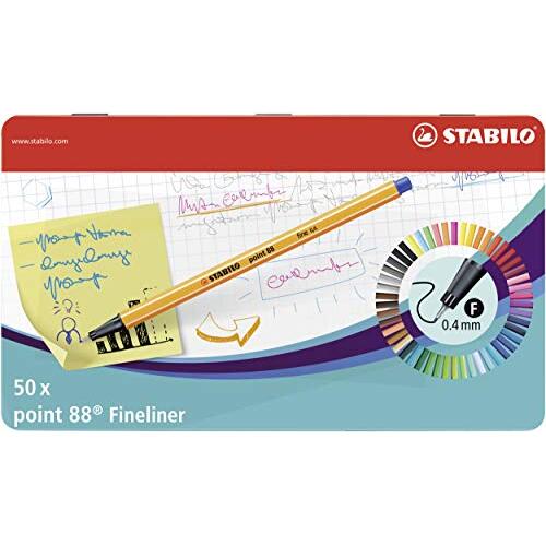 Stabilo Point 88 Fineliner - Caja metal con 50 rotuladores artísticos en colores surtidos, punta 0.4 mm