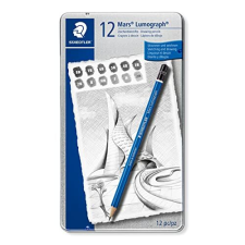 Caja metal 12 lápices Staedtler Mars Lumograph para dibujo artístico en 12 grados dureza